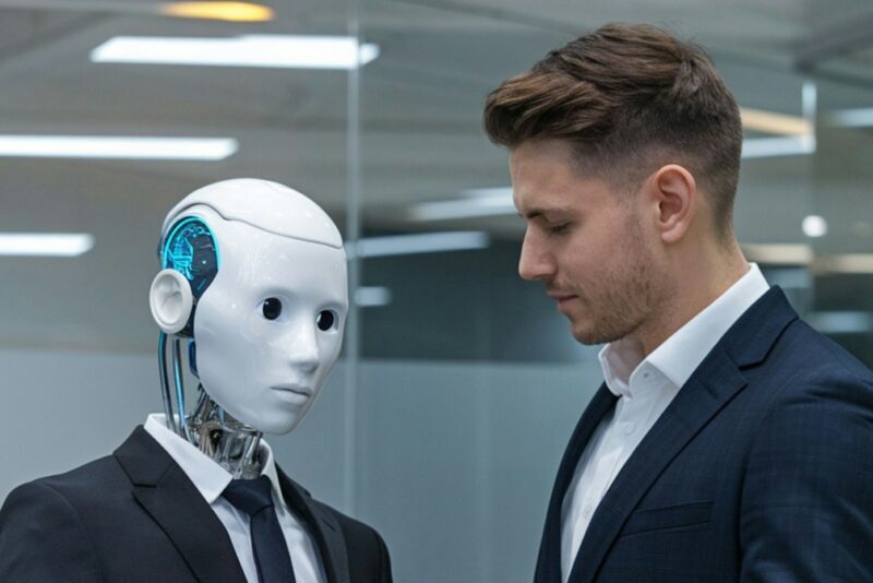 A man shakes hands with a robot.